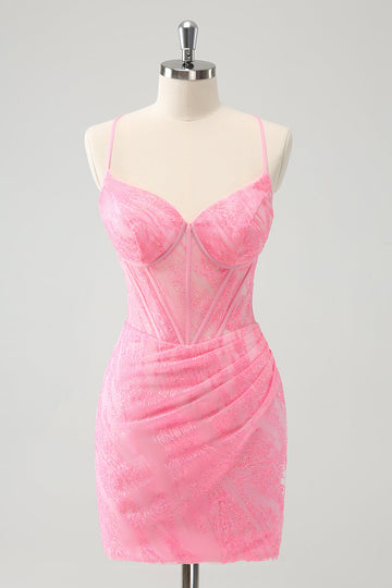 Vestido de fiesta corto ajustado con corsé y cordones en la espalda y tirantes finos de color rosa